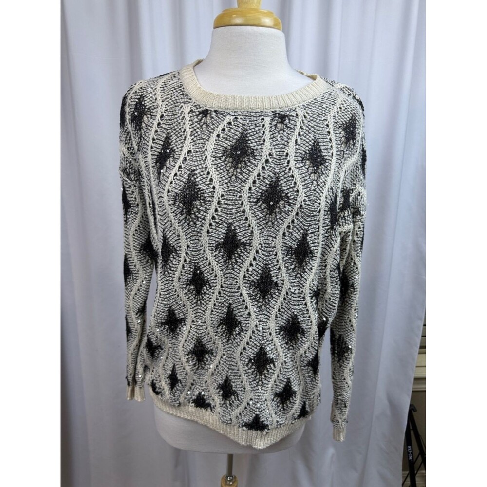 The Rage Women's Crewneck Sequined Sweater in Cream with Black Detail, Small